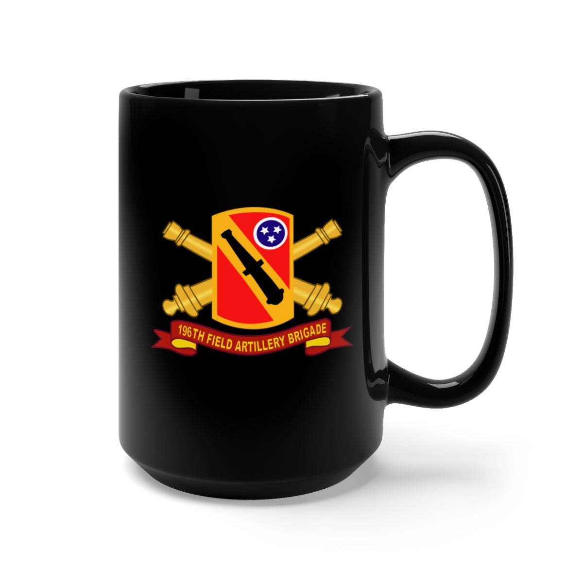 Black Mug 15oz - Army - 196th Field Artillery Brigade SSI w Br - Ribbon X 300