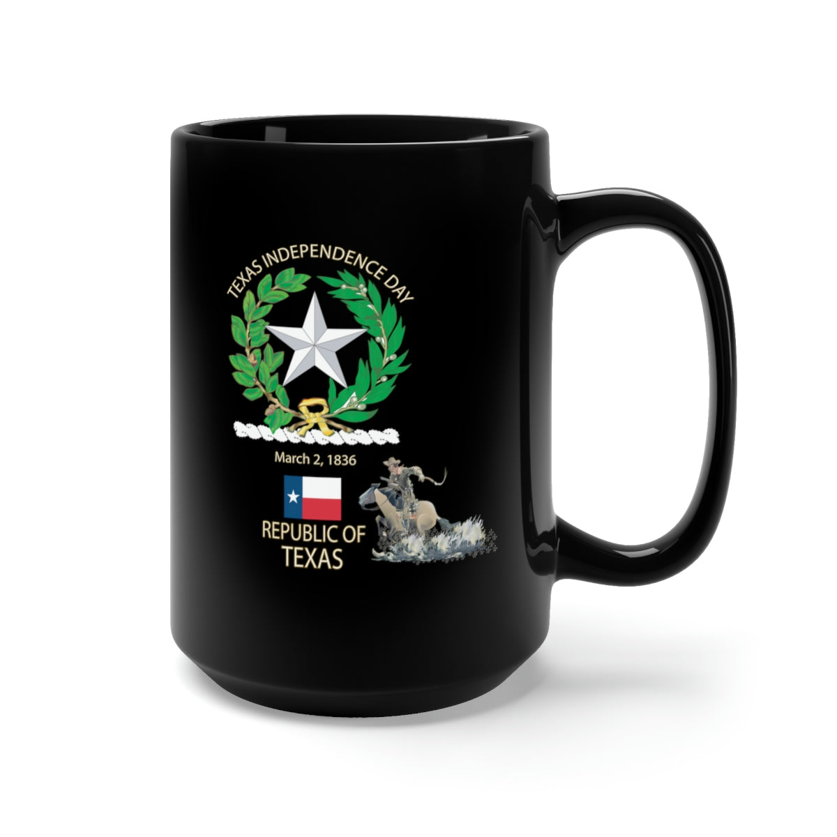 Black Mug 15oz - Texas Independence Day - State Emblem and Cowboy X 300
