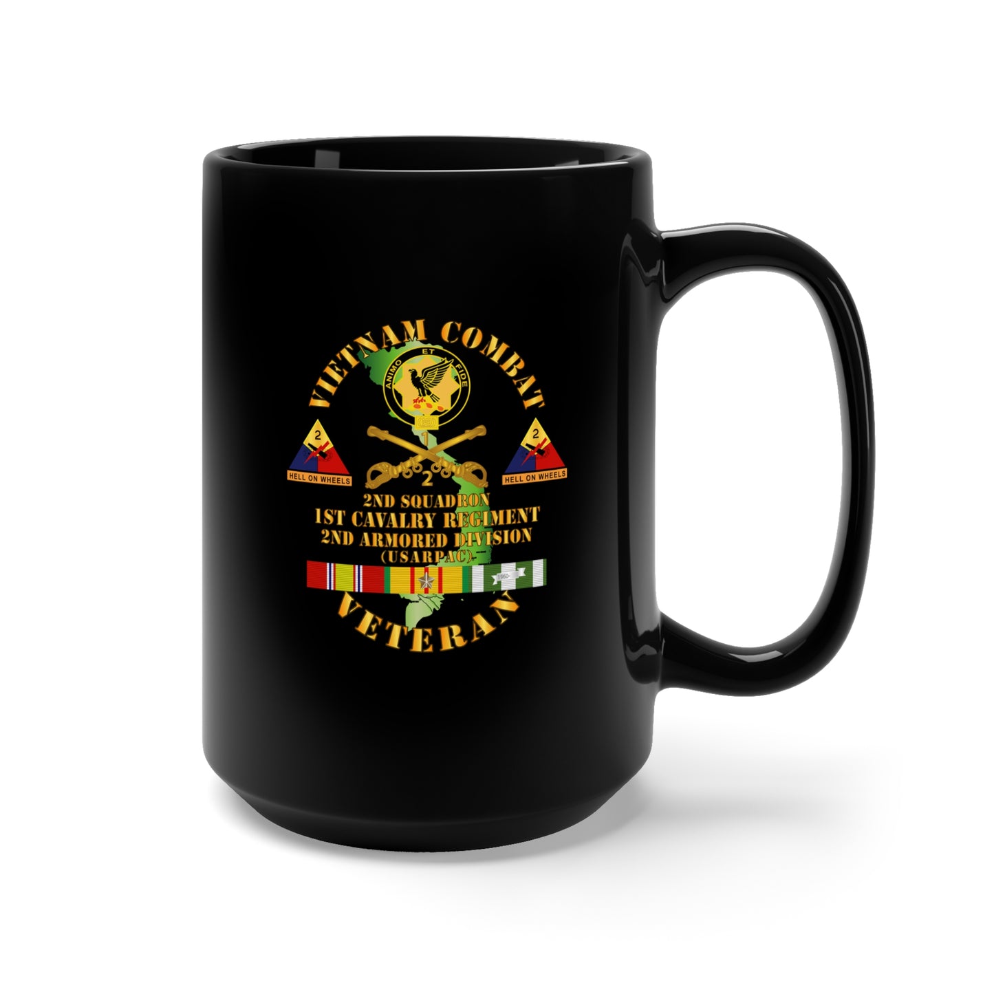 Black Mug 15oz - Army - Vietnam Combat Veteran - 2nd Squadron, 1st Cav Regt - 2nd Armor Div