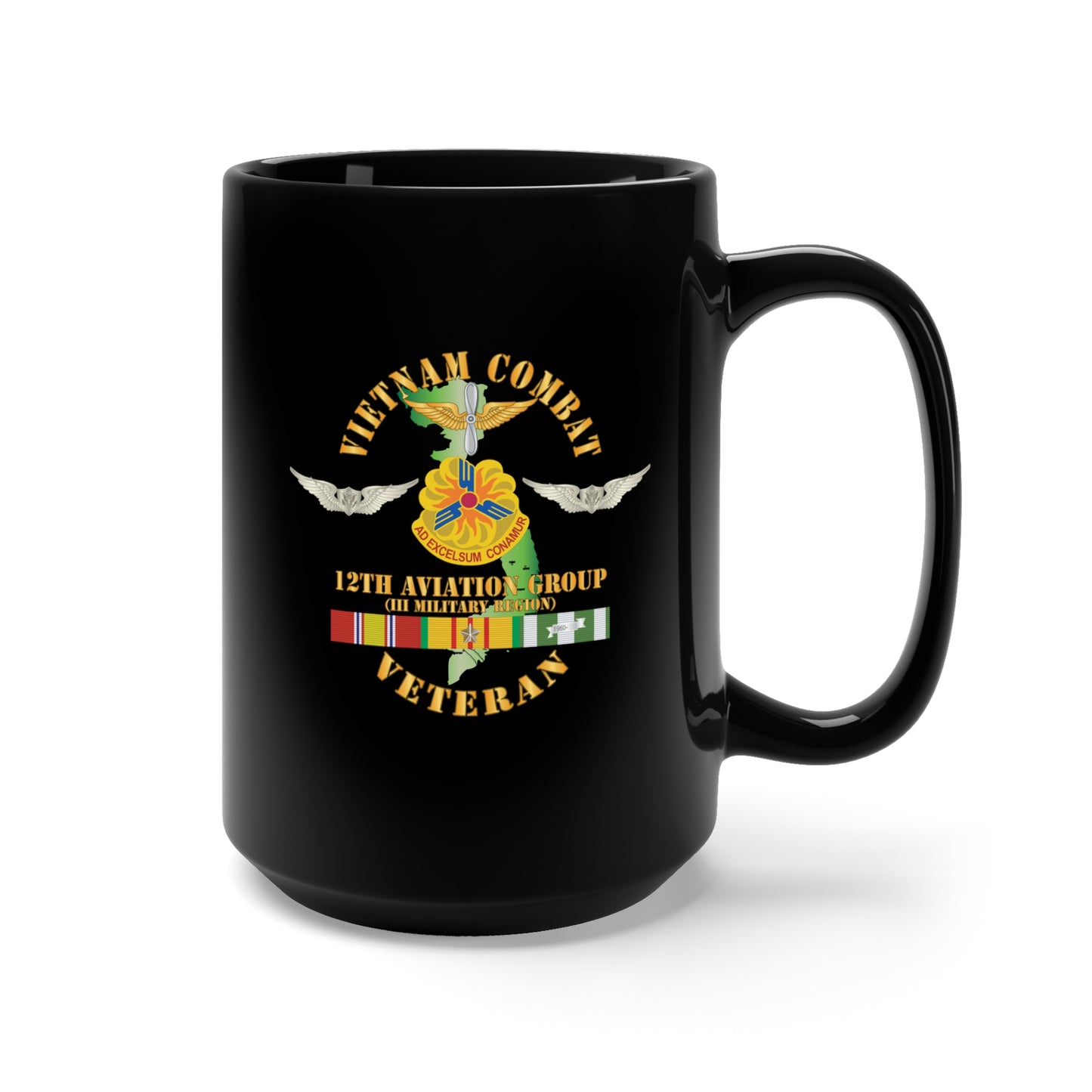 Black Mug 15oz - Vietnam Combat Aviation Vet w Air Crew Badge - 12th AVN GroupI Mil Region III w SVC X 300