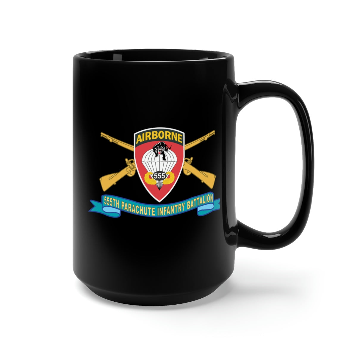 Black Mug 15oz - Army - 555th Parachute Infantry Battalion - SSI w Br - Ribbon X 300