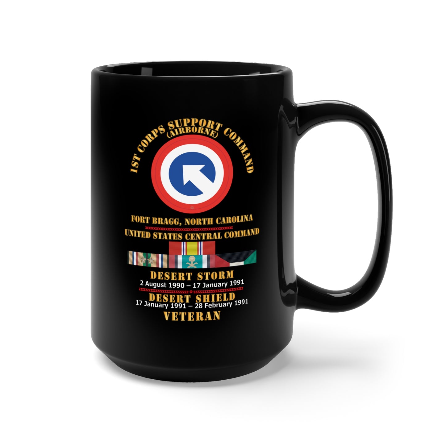 Black Mug 15oz - 1st Corps Support Command (COSCOM) - US CENCOM - Desert Storm, Desert Shield Veteran X 300