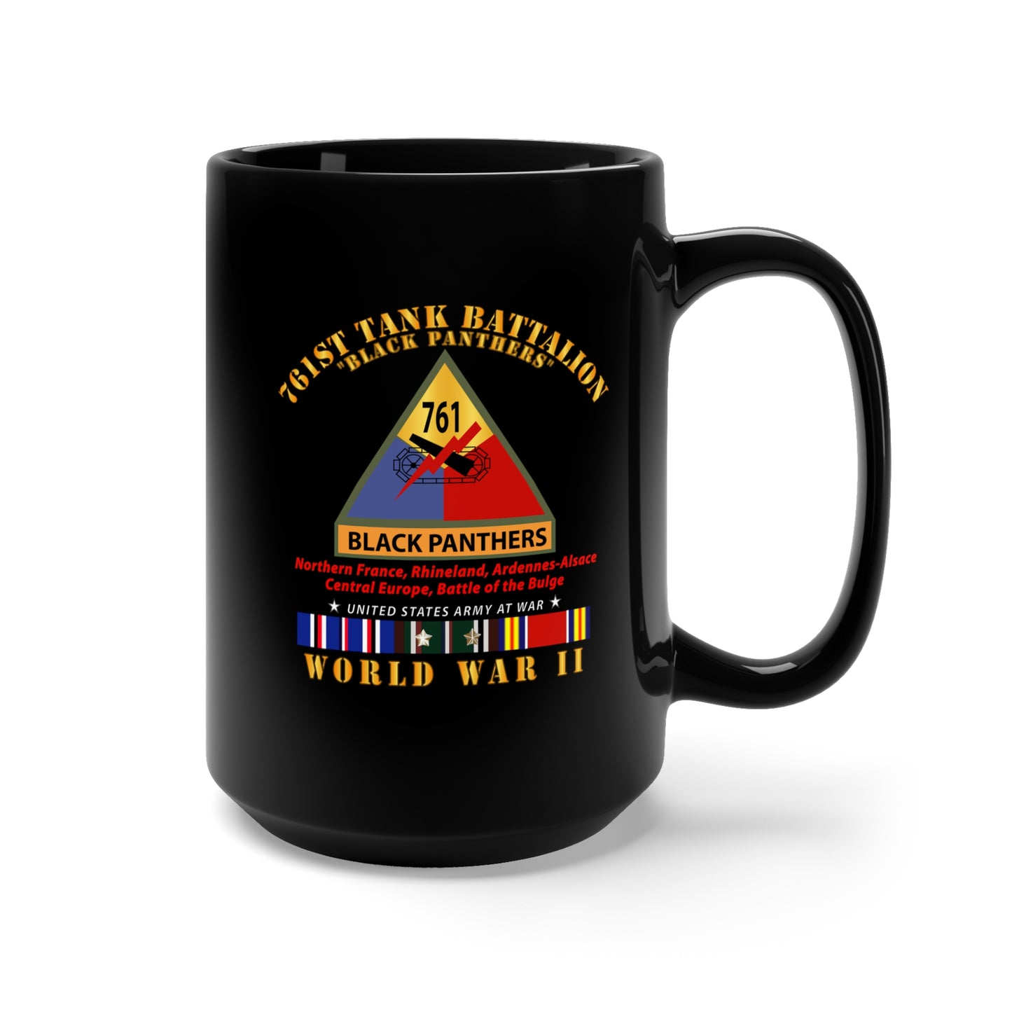 Black Mug 15oz - Army - 761st Tank Battalion - Black Panthers w SSI Name Tape Wwii EU SVC