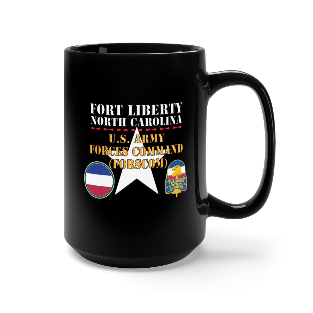 Black Mug 15oz - Fort Liberty North Carolina - US Army Forces Command (Forscom) SSI - DUI X 300