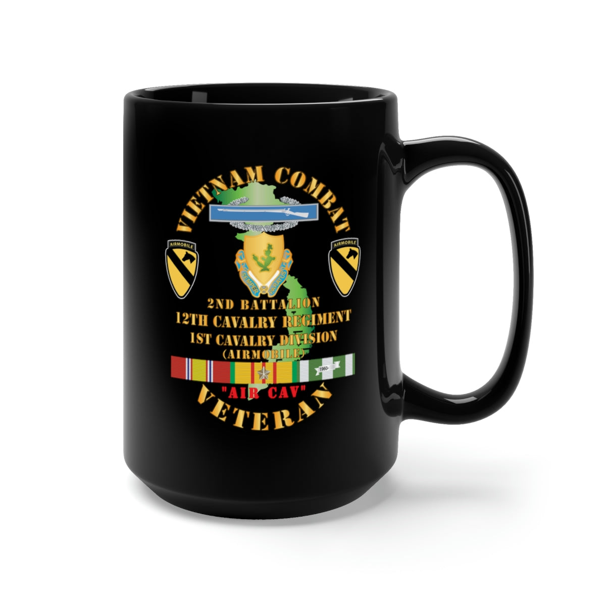 Black Mug 15oz - Army - Vietnam Combat Cavalry Veteran w 2nd Bn 12th Cav Regt w DUI - CIB - 1st Cav Div X 300