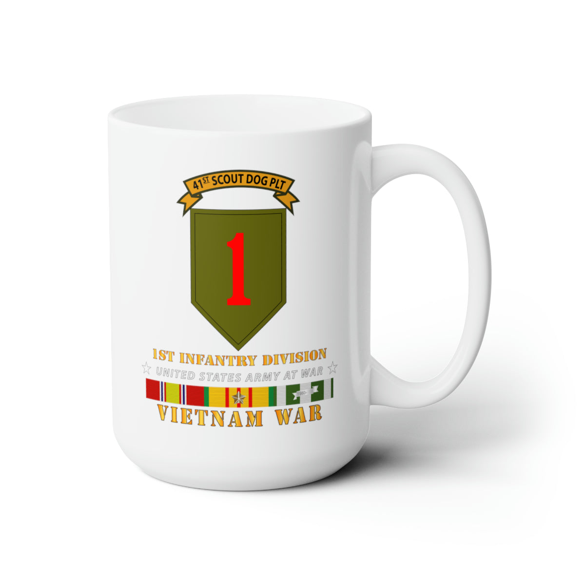White Ceramic Mug 15oz - Army - 41st Scout Dog Platoon 1st Infantry Div wo Top w VN SVC
