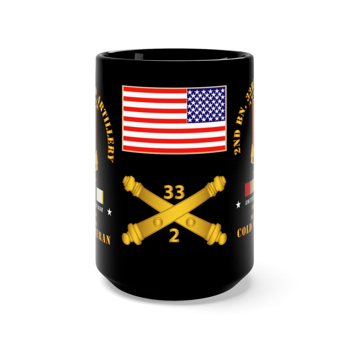 Black Mug 15oz - 2nd Battalion 33rd Field Artillery - New Ulm Germany with Cold War Service Ribbons