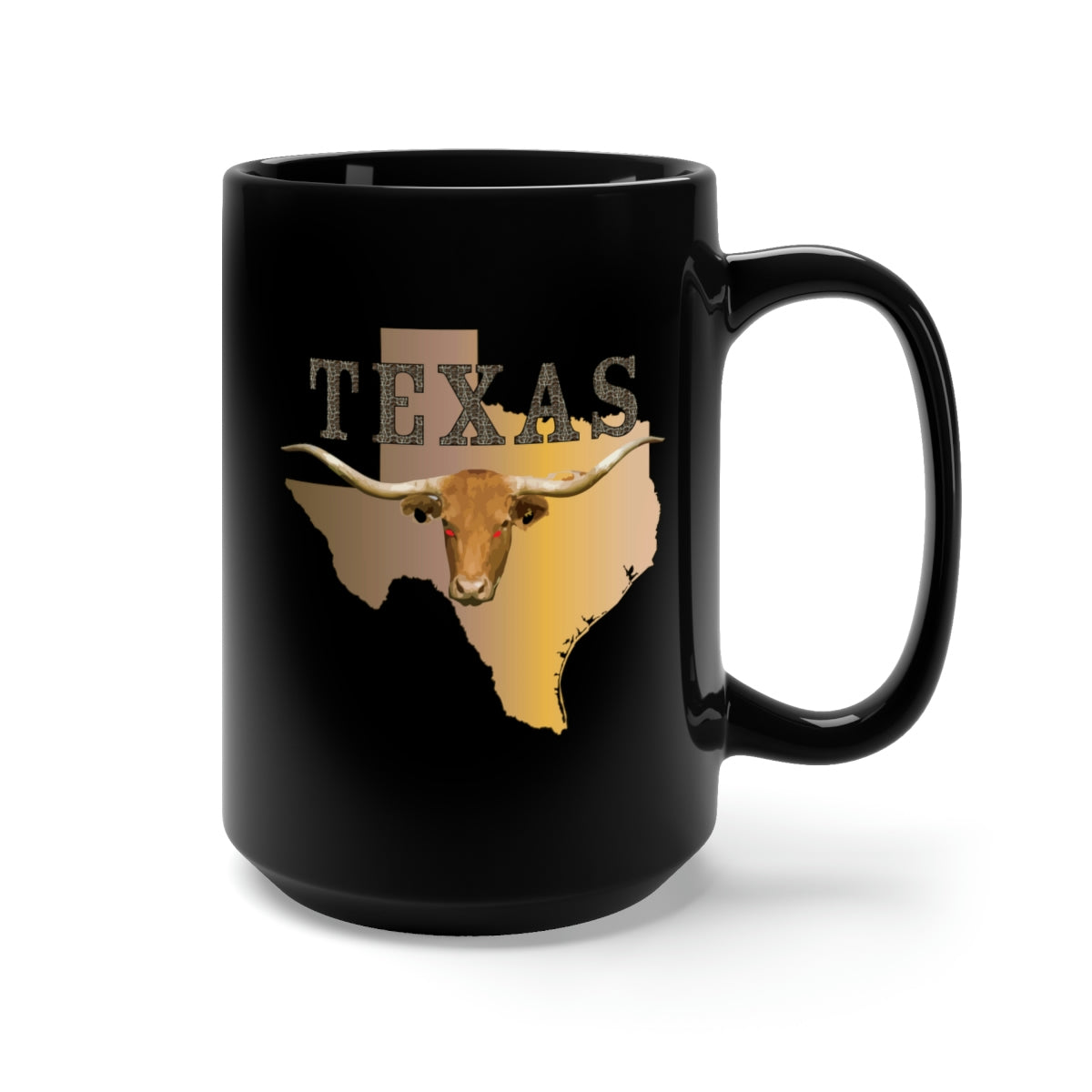 Black Mug 15oz - Texas - Rattler Skin -Texas State Map w Longhorn X 300