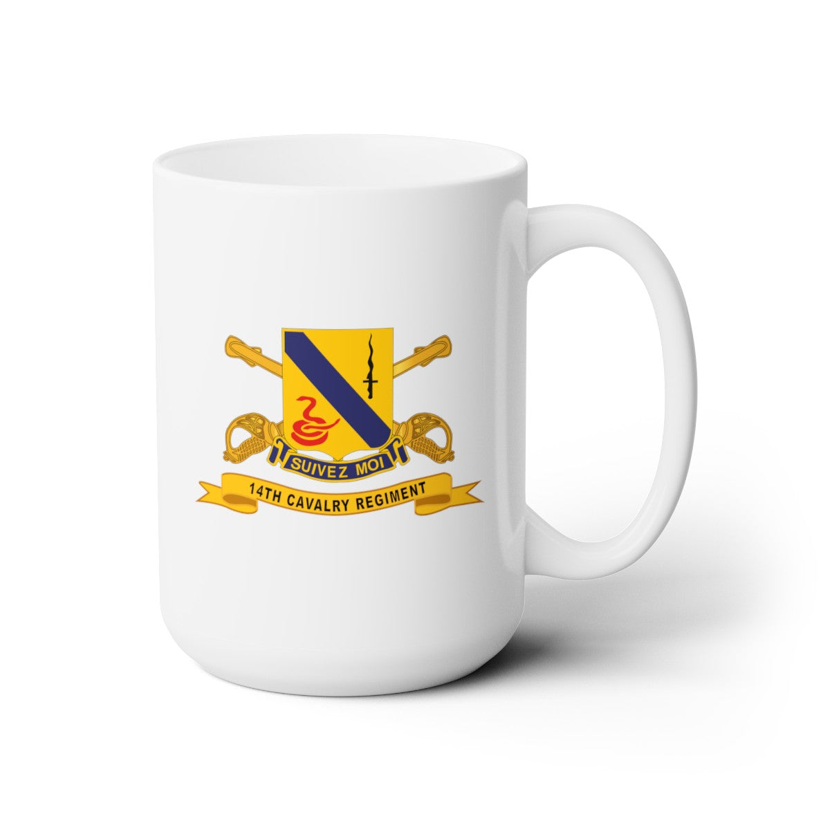 White Ceramic Mug 15oz - Army - 14th Cavalry Regiment w Br - Ribbon
