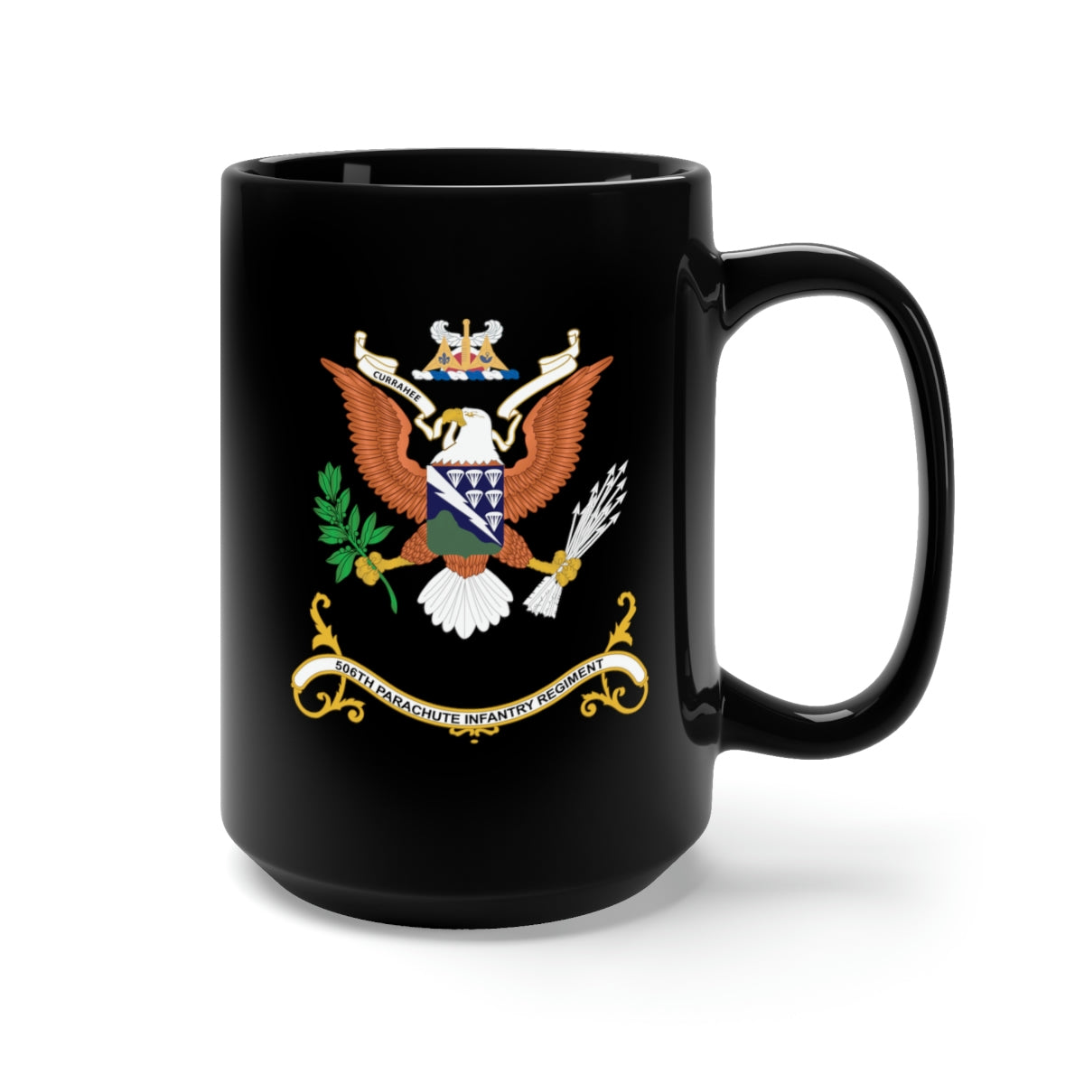 Black Mug 15oz - Army - Regimental Colors - 506th Parachute Infantry Regiment - CURRAHEE X 300