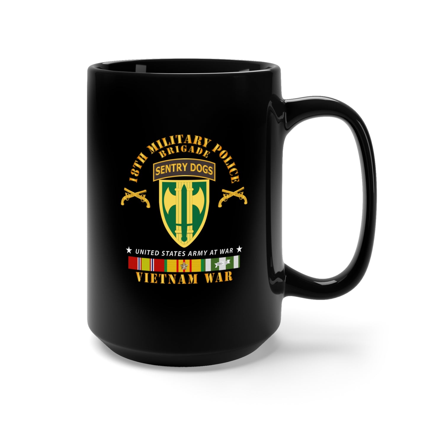 Black Mug 15oz - Army - 18th MP Brigade - Sentry Dogs Tab - Vietnam w VN SVC
