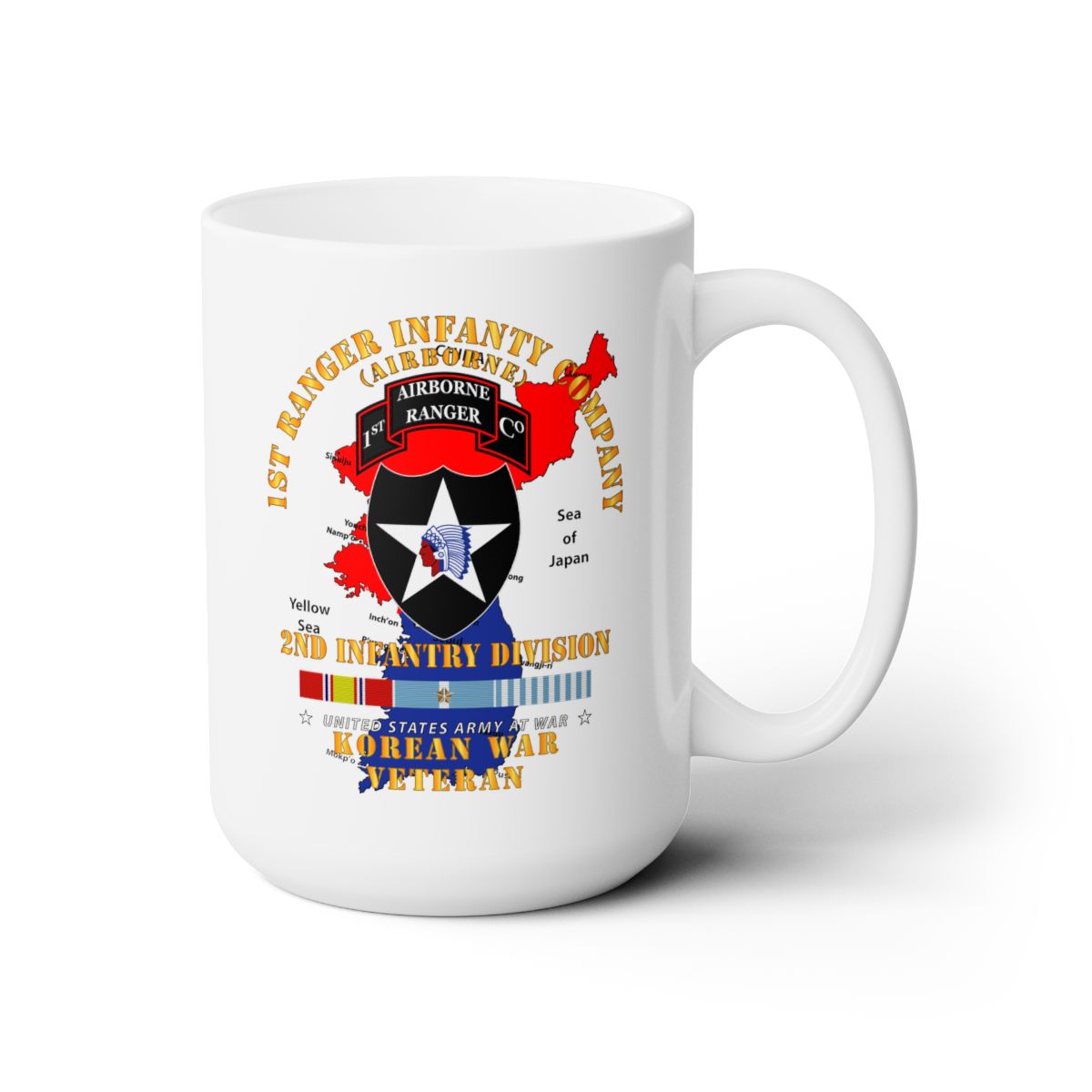 White Ceramic Mug 15oz - Army - 1st Ranger Inf Company - 2nd ID w Map w KOREA SVC X 300