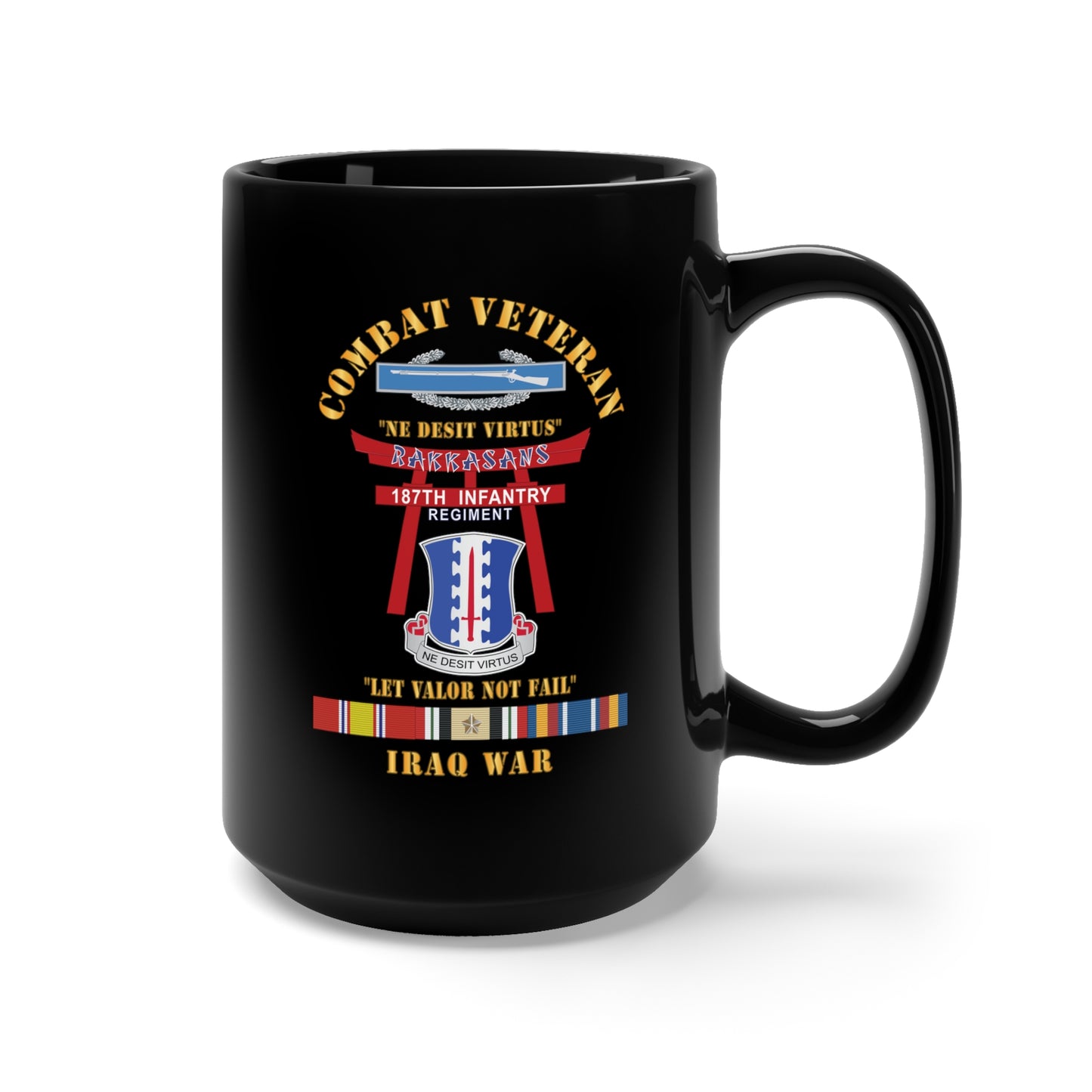 Black Mug 15oz - Army - Combat Veteran - 187th Infantry Regiment - Torii, Rakkasans, Let Valor Not Fail, English, Latin w CIB w KOREA SVC X 300