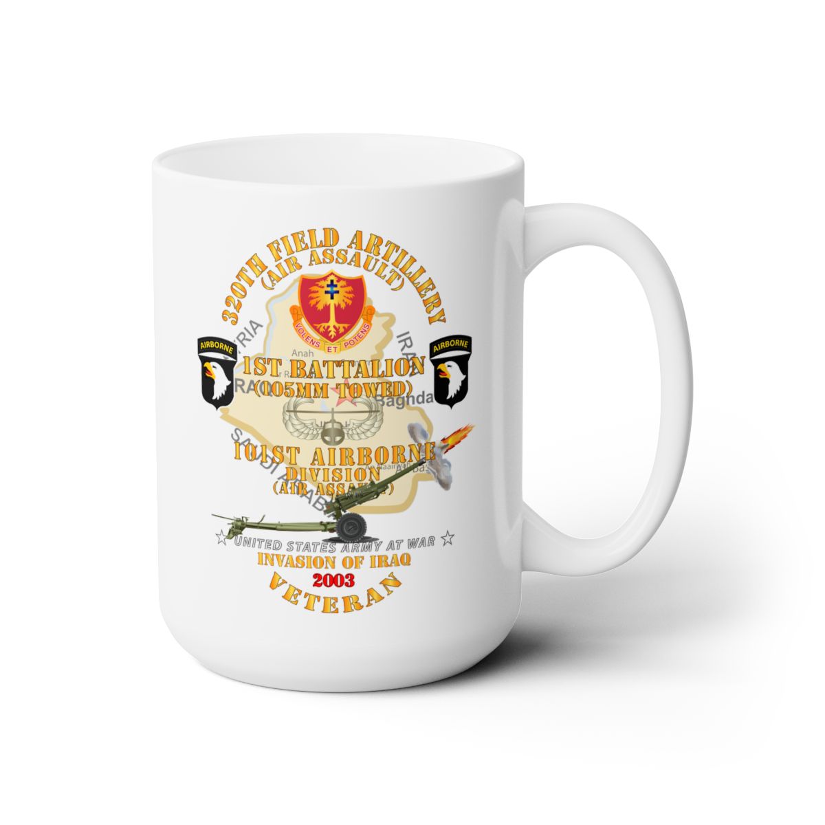 White Ceramic Mug 15oz - Army - 1st Bn, 320th FA, 101st Airborne Div - Invasion - 2003 w AA Badge - w 105mm Map - posted in ebay