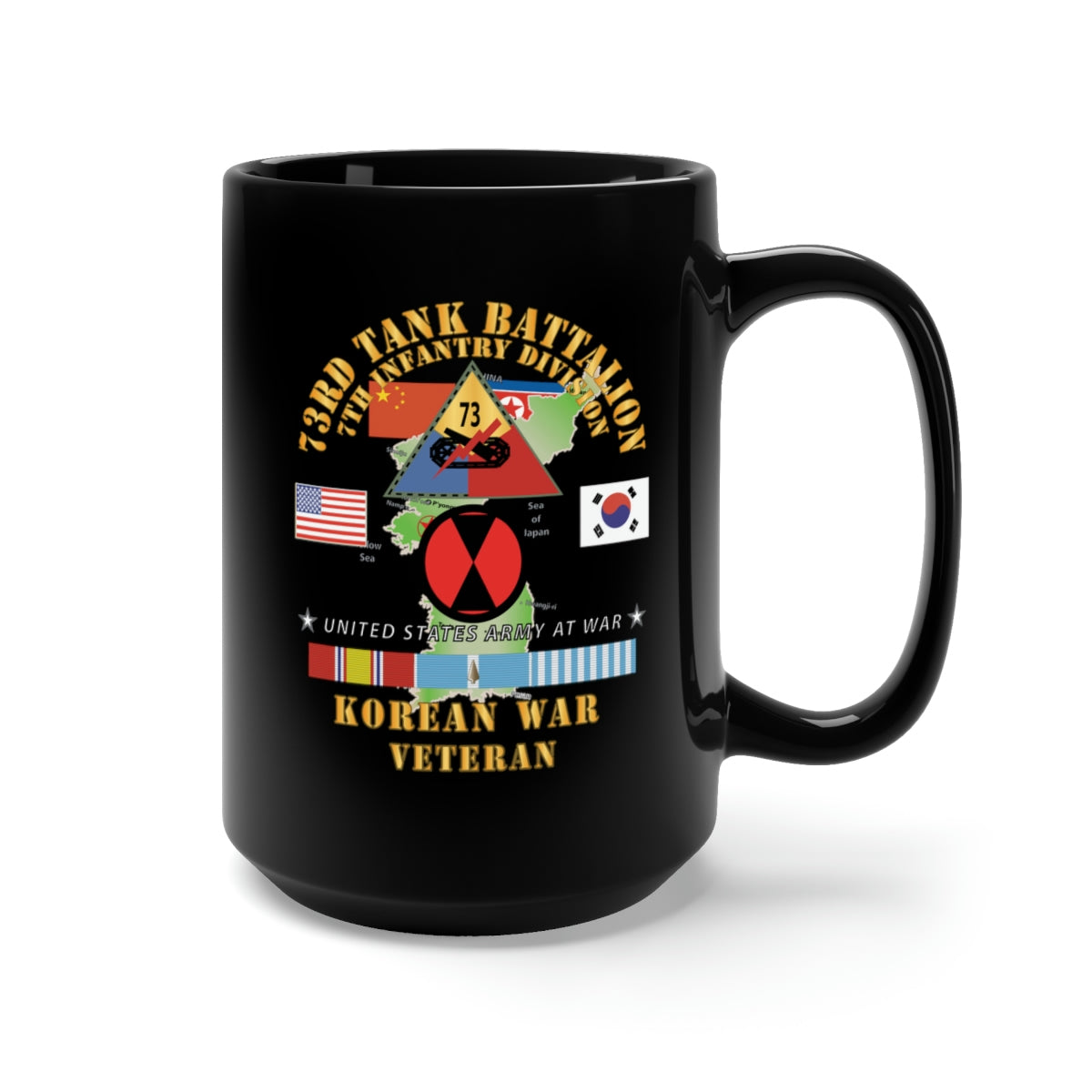 Black Mug 15oz - Army - 73rd Tank Battalion, 7th Infantry Div - VS NK - China, Korean War w Korea Map Green X 300