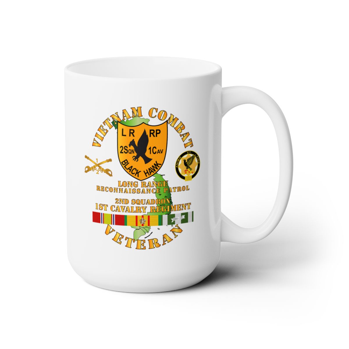 White Ceramic Mug 15oz - Army - Vietnam Combat Veteran - 2nd Squadron, 1st Cav Regt LRRP - Black Hawk w VN SVC
