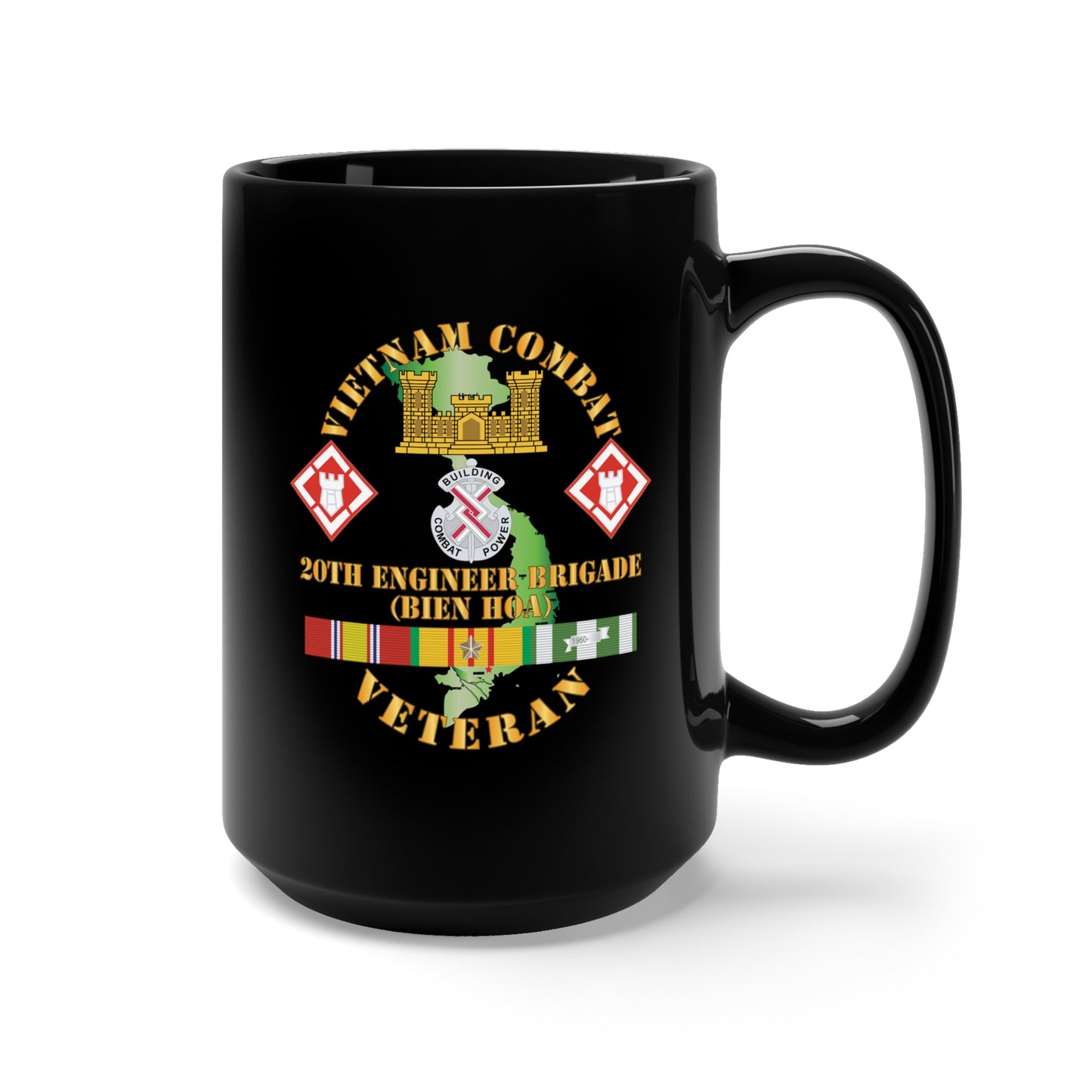 Black Mug 15oz - Vietnam Combat Veteran w 20th Engineer Brigade SSI - BIEN HOA X 300