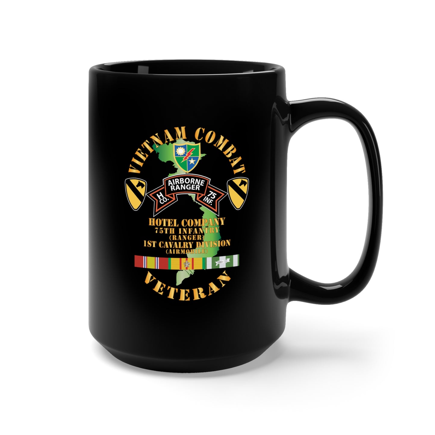Black Mug 15oz - Army - Vietnam Combat Veteran - H Co 75th Inf Ranger - 1st Cav Div X 300