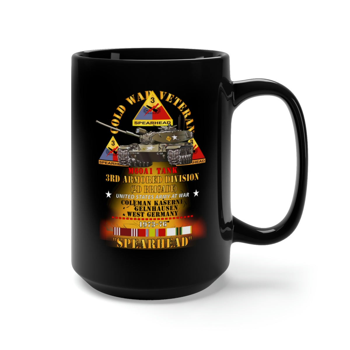 Black Mug 15oz - Army - Cold War Vet - 3rd Armored Division - Gelnhausen, Germany - M60A1 Tank - Spearhead w Fire - 1973-76 w DUI - COLD X 300