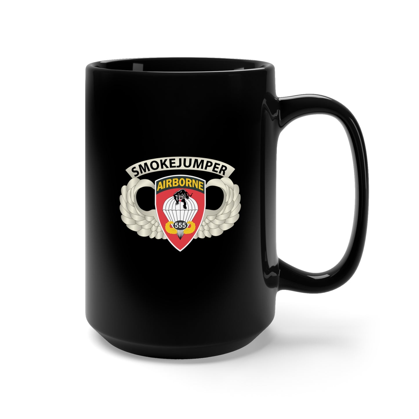Black Mug 15oz - Army - Airborne Badge - 555th Parachute Infantry Bn - SSI w SmokeJumper Tab X 300