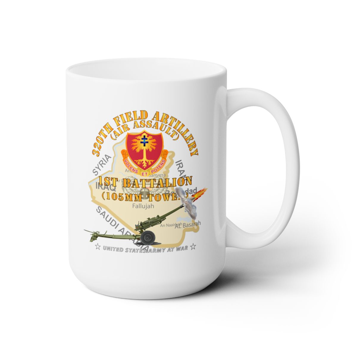 White Ceramic Mug 15oz - Army - 1st Bn, 320th FA, w AA Badge - Map w M119 Firing