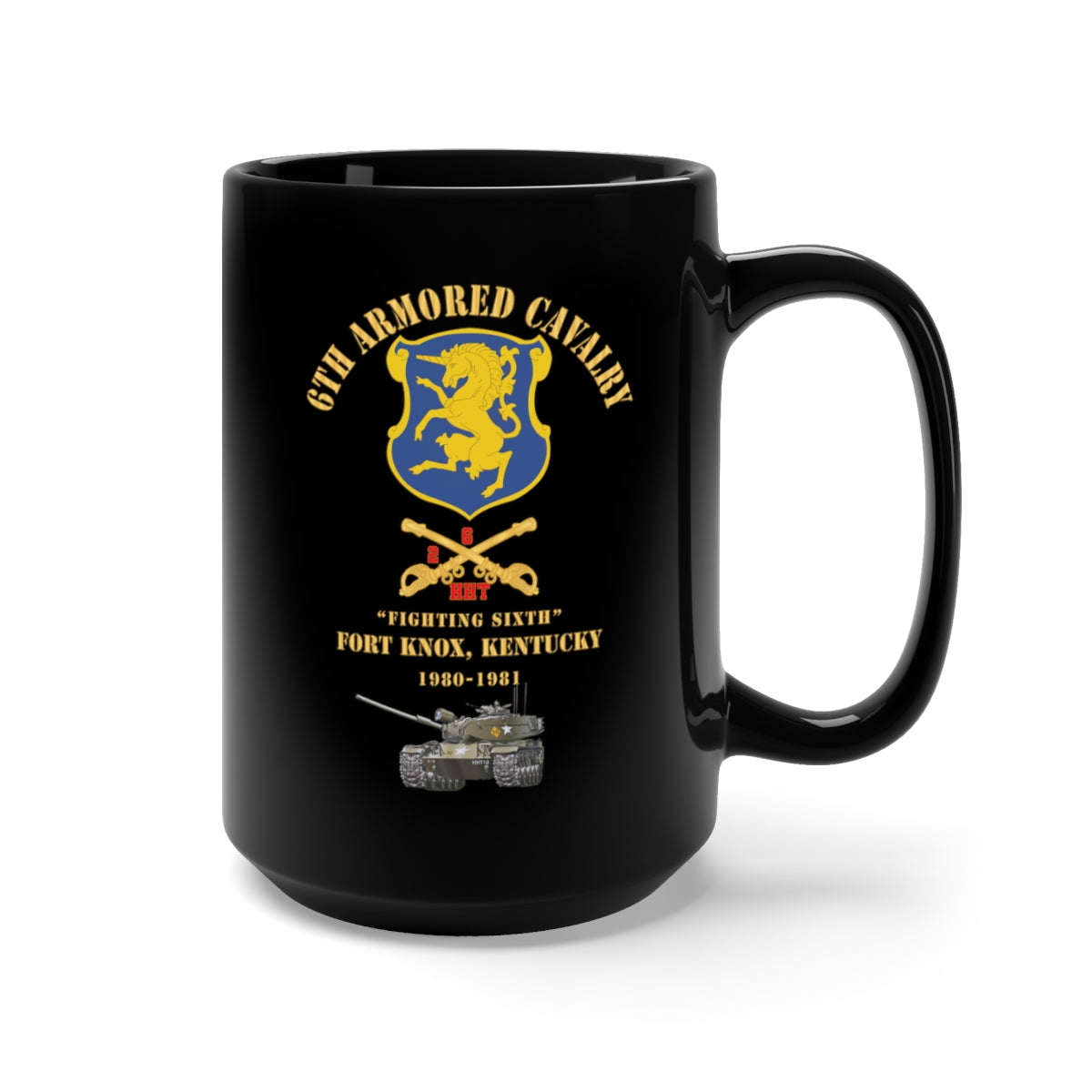 Black Mug 15oz - 6th ACR w Cav Br Ft Knox Kentucky - 1980-1981 w M60 Green Camo - Red Txt X 300