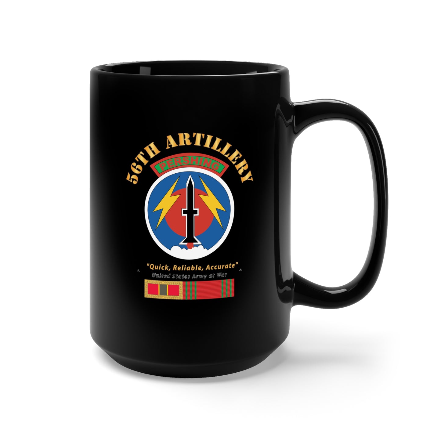 Black Mug 15oz - Army - 56th Artillery - Pershing w Svc Medals