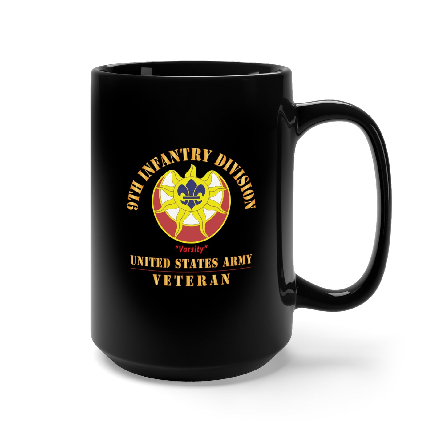 Black Mug 15oz - Army - DUI - 9th Infantry Division - Varsity - US Army Veteran X 300