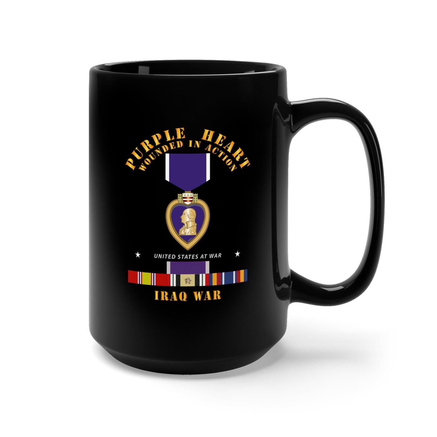Black Mug 15oz - Purple Heart - WIA w IRAQ SVC w Purple Heart Ribbon