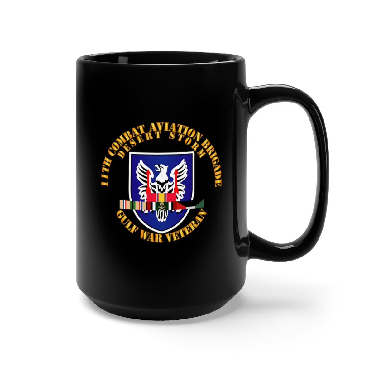 Black Mug 15oz - Army - 11th Combat Aviation Brigade w DS SVC Ribbons wo DropShadow