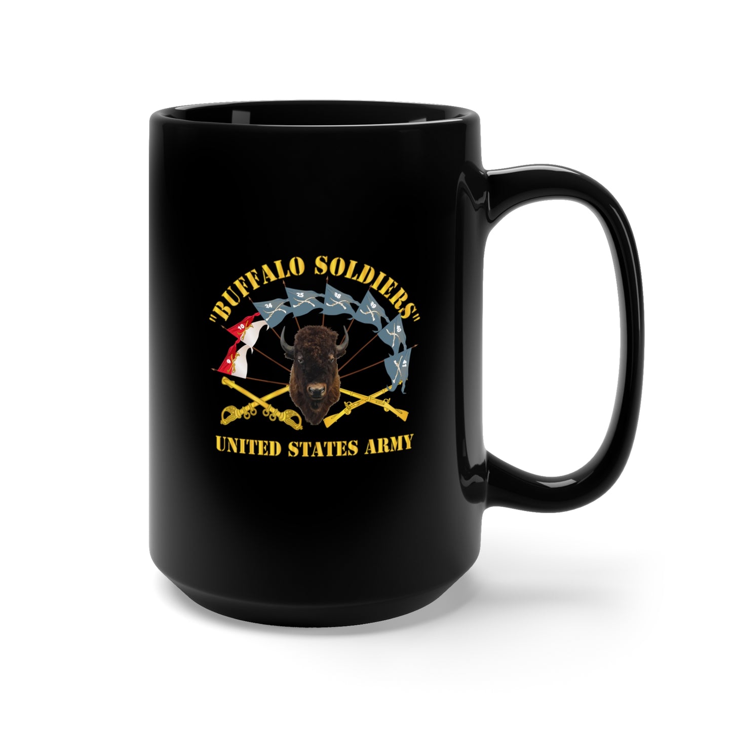 Black Mug 15oz - Army - Buffalo Soldiers - Infantry - Cavalry Guidons w Buffalo Head - US Army X 300