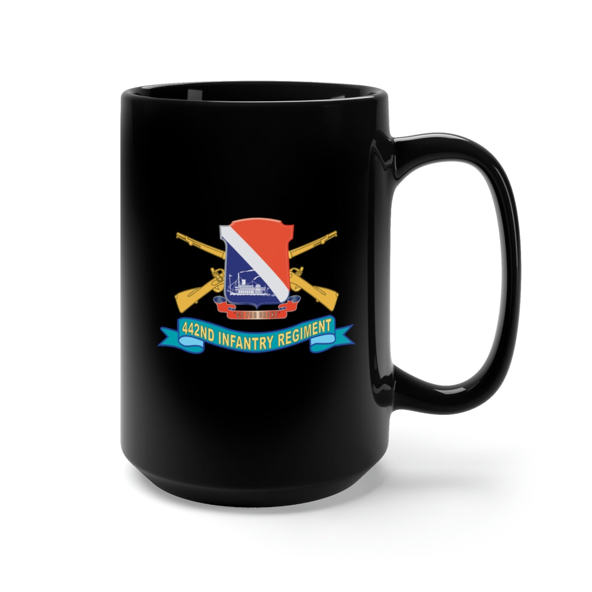 Black Mug 15oz - Army - 442nd Infantry Regiment w Br - SSI - Ribbon X 300