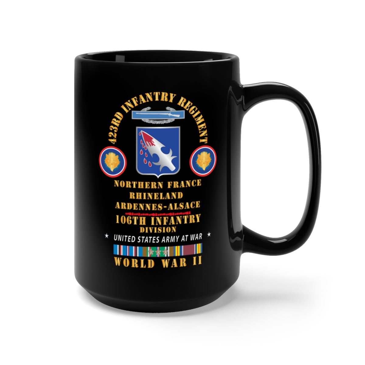 Black Mug 15oz - Army - 423rd Infantry Regiment, 106th Infantry Div - Northern France Rhineland EUR WWII w EUR SVC X 300
