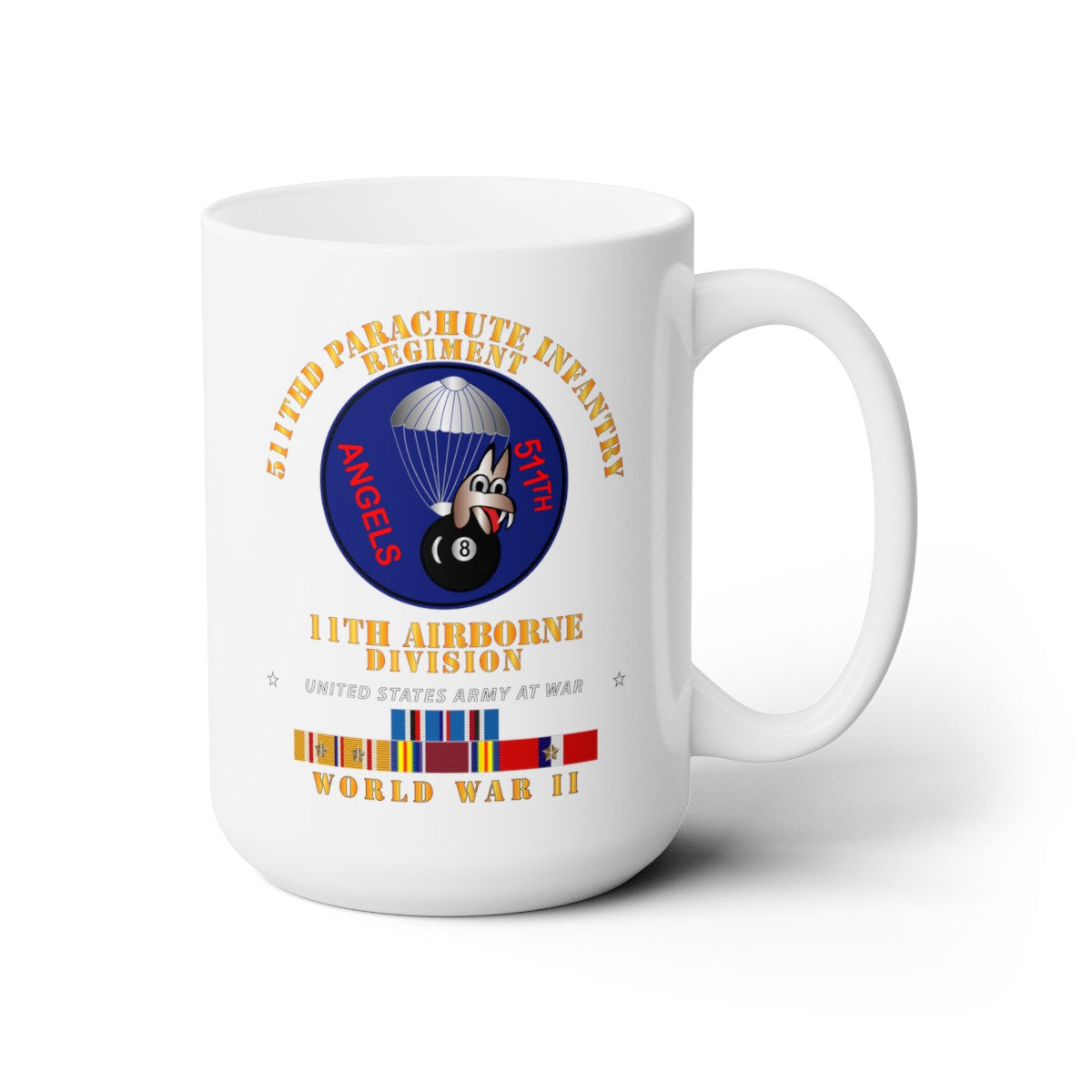 White Ceramic Mug 15oz - Army - 511th PIR 11th Airborne Div - WWII w PAC - PHIL SVC