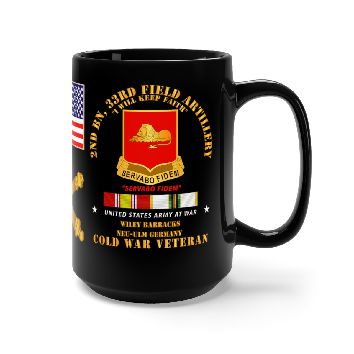 Black Mug 15oz - 2nd Battalion 33rd Field Artillery - New Ulm Germany with Cold War Service Ribbons