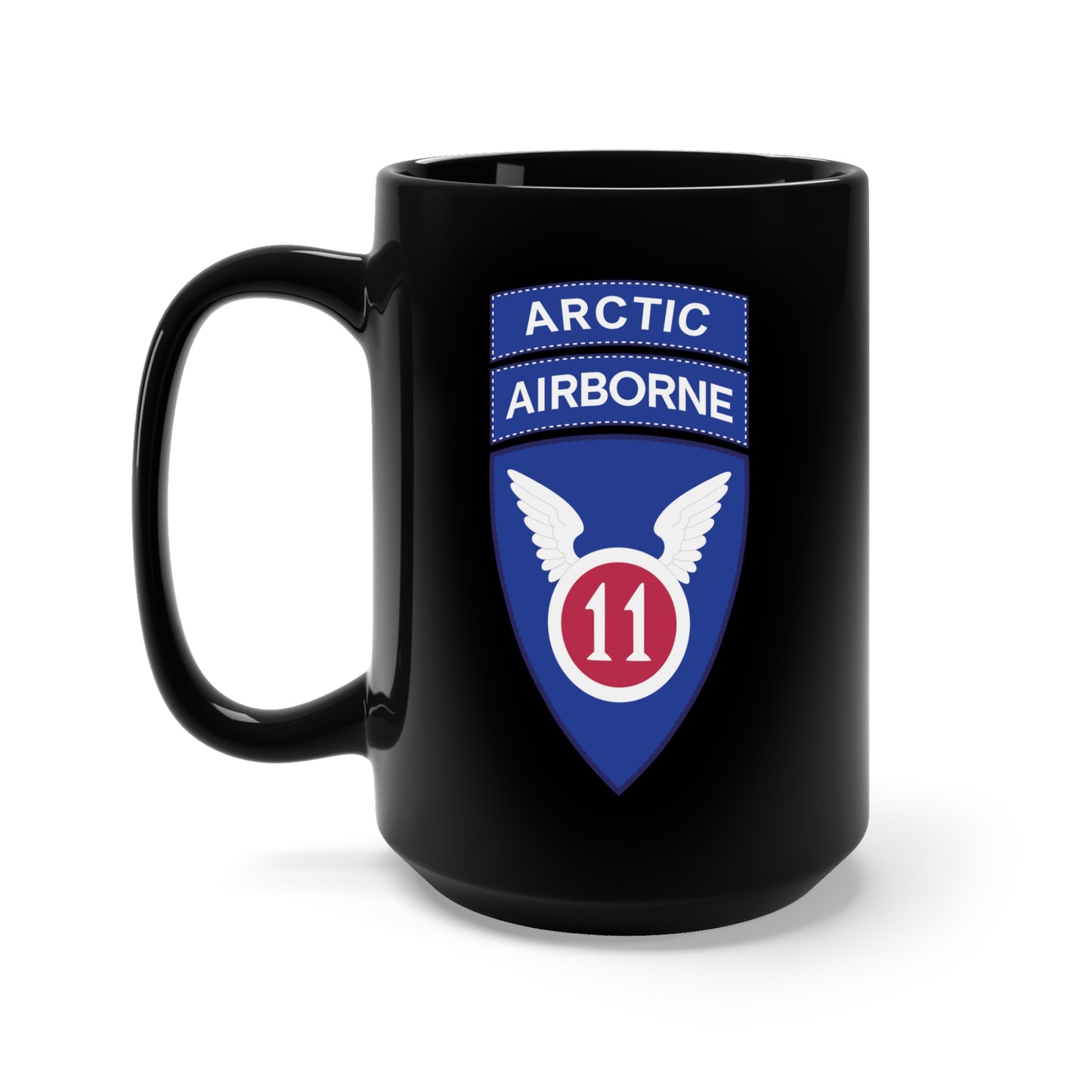 Black Mug 15oz - 11th Airborne Division - SSI w Arctic Tab wo Txt X 300