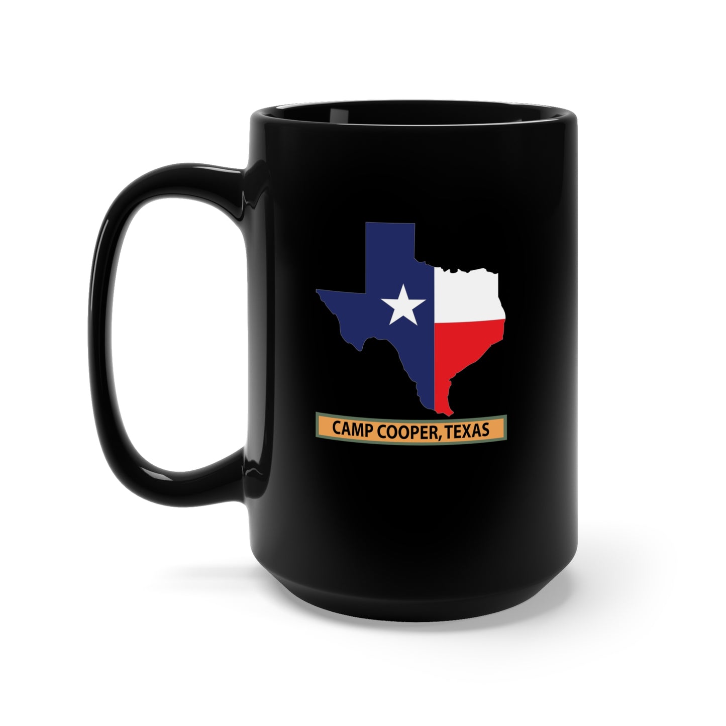 Black Mug 15oz - Texas Map Overprint with Texas State Flag - Camp Cooper, Texas X 300