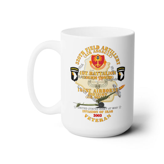 White Ceramic Mug 15oz - 1st Bn, 320th FA, 101st Airborne Div - Invasion - 2003 w AA Badge - w 105mm  Map