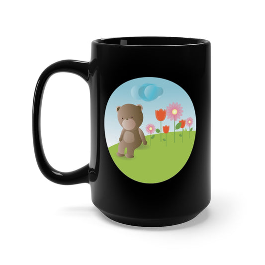 Black Mug 15oz - Baby Bear Field w Balloons wo Wood Frame