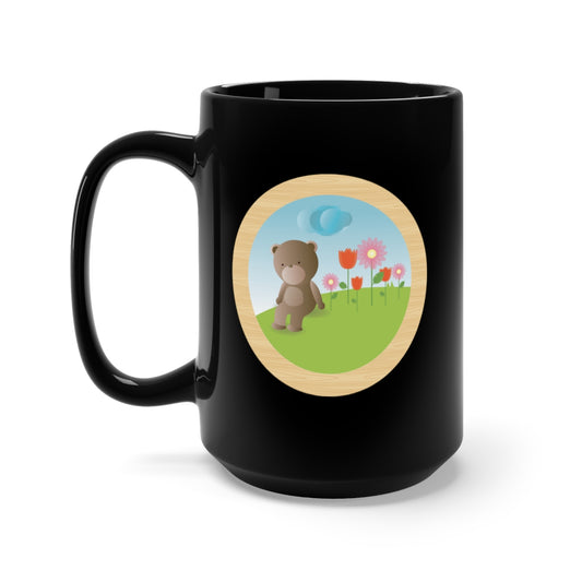 Black Mug 15oz - Baby Bear Field w Balloons