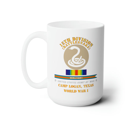 White Ceramic Mug 15oz - Army - 15th Division - Rattlesnake - Camp Logan Tx - WWI