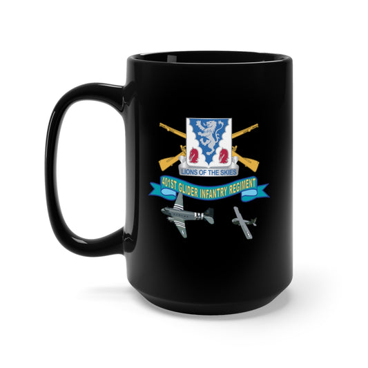 Black Mug 15oz - Army - 401st Glider Infantry Regiment - DUI w Towed Glider w Br - Ribbon X 300