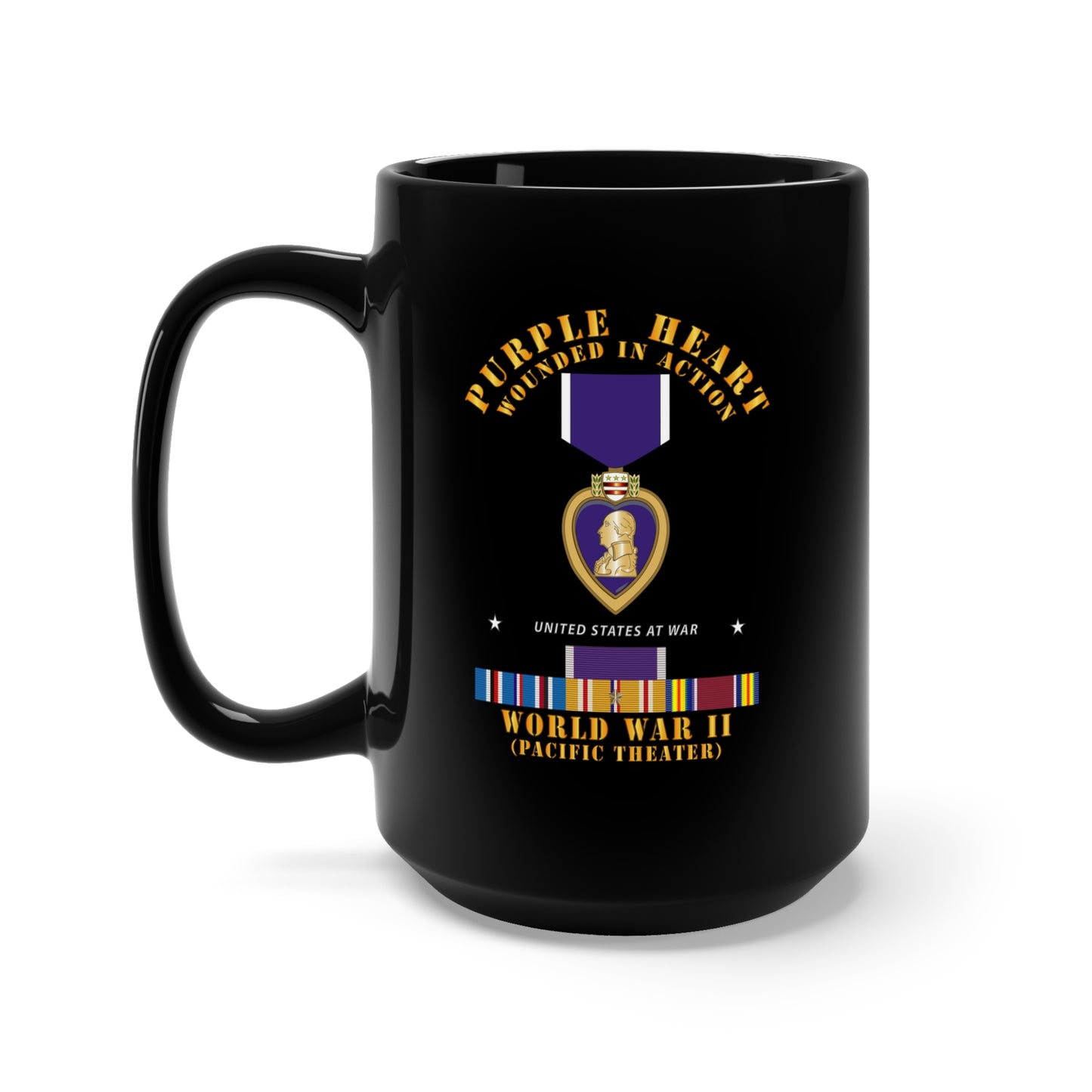 Black Mug 15oz - Purple Heart - WIA w WWII SVC w Purple Heart - Pacific