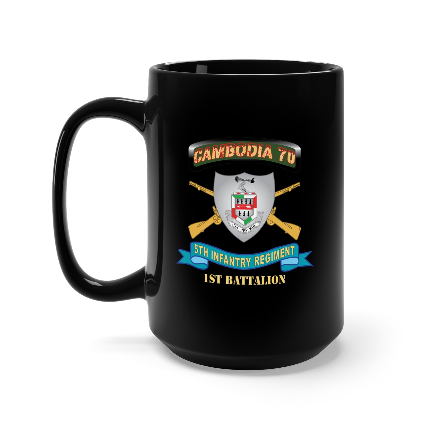 Black Mug 15oz - 5th Infantry Regiment - DUI - 1st Battalion w Cambodia Tab w Br - Ribbon X 300