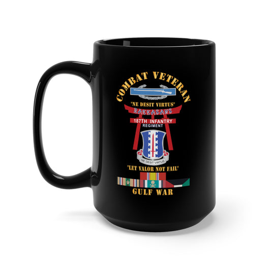 Black Mug 15oz - Army - Combat Veteran - 187th Infantry Regiment - Torii, Rakkasans, Let Valor Not Fail, English, Latin w CIB w IRAQ SVC X 300