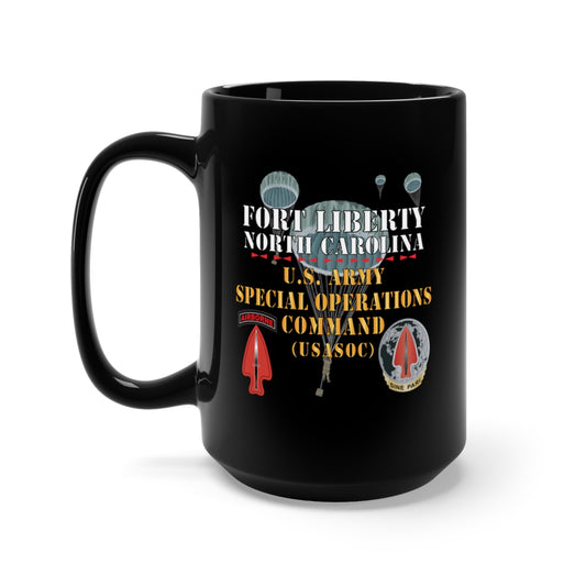 Black Mug 15oz - Fort Liberty North Carolina - US Army Special Operations Command (Usasoc) - SSI - DUI w 3 Parachutes X 300