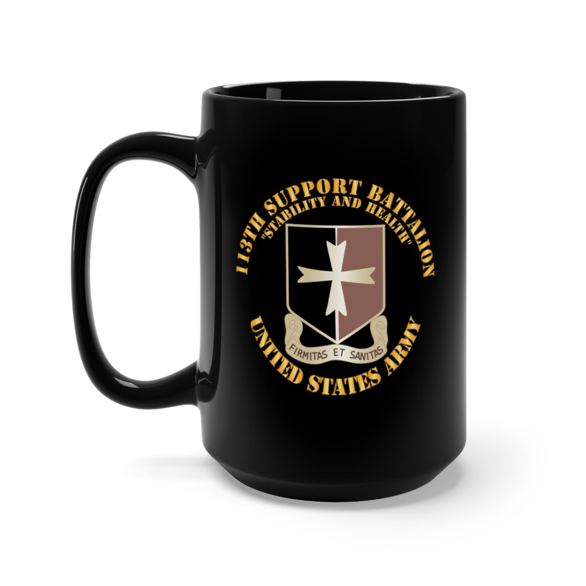 Black Mug 15oz - Army - 113th Support Battalion - Stability and Health X 300
