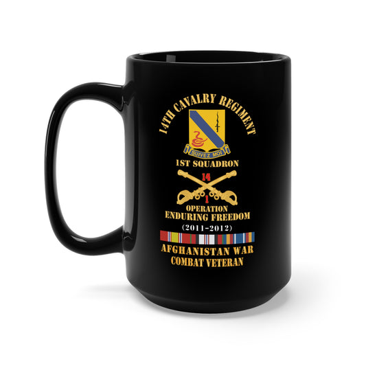 Black Mug 15oz - Army - 14th Cavalry Regiment w Cav Br - 1st Squadron - OEF - 2011-2012 - Red Txt Cbt Vet w AFGHAN SVC X 300