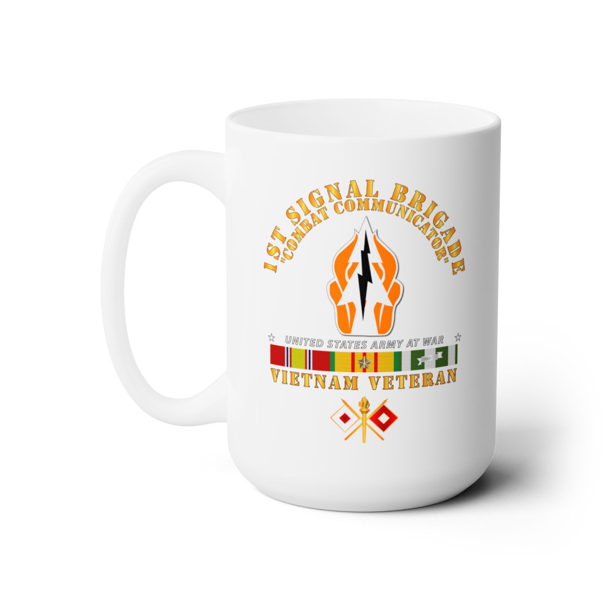 White Ceramic Mug 15oz - Army - 1st Signal Bde DUI - Combat Communicator w VN SVC X 300