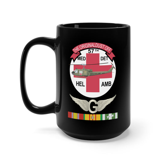 Black Mug 15oz - Army - 57th Medical Co - Original Dustoff - Vietnam w DoorGunner Wings w VN SVC X 300